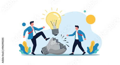 Innovative business partners kick away a failed idea to make room for a new glowing light bulb representing creative problem solving and renewal.