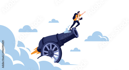 Ambitious businessman being launched from a cannon into the clouds representing rapid career advancement and business growth.