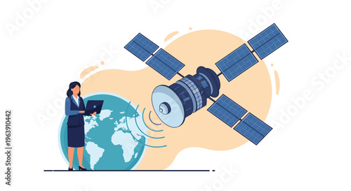 Professional businesswoman using a laptop to manage global telecommunications with a satellite orbiting planet Earth in space.