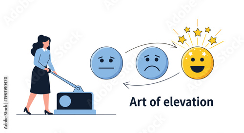 Creative illustration of the art of elevation where a woman uses a machine to transform neutral and sad faces into happy ones.
