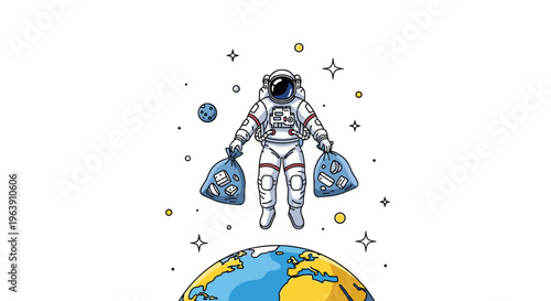 Concerned astronaut floating above planet Earth in space while holding two large bags of collected orbital space debris and trash.