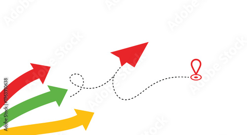 Abstract business strategy showing three colored arrows merging into a red paper plane flying toward a destination map marker.