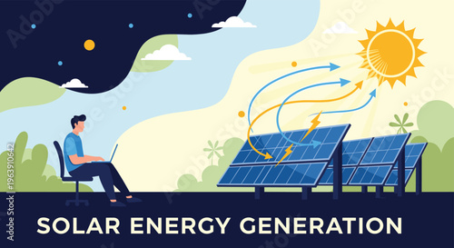 Modern solar energy generation concept featuring a man on a laptop managing power from sun rays hitting arrays of solar panels.