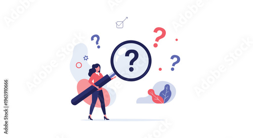 Curious woman holding a large magnifying glass to inspect various question marks representing research and finding answers.