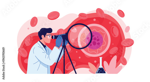 Male medical scientist wearing a lab coat and gloves looking through a magnifying lens at microscopic red blood cells.