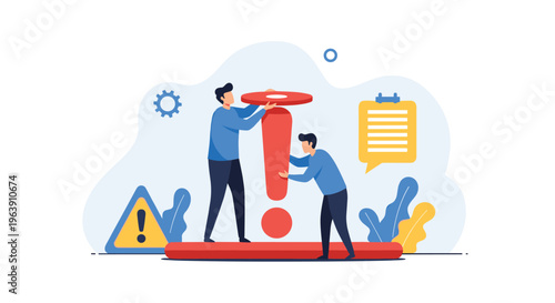 Two professional men working together to assemble a large red exclamation mark symbolizing an important alert or warning.