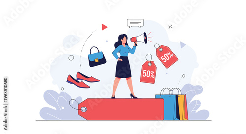 Enthusiastic woman standing on a large price tag using a megaphone to announce a fifty percent discount sale on shopping items.