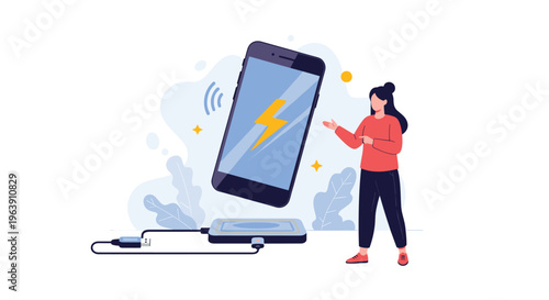 Young woman presenting a large floating smartphone charging wirelessly on a power pad with a glowing lightning bolt symbol.