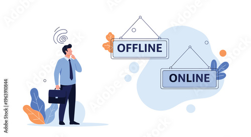 Thoughtful businessman with a briefcase standing between hanging offline and online signs while making a decision.