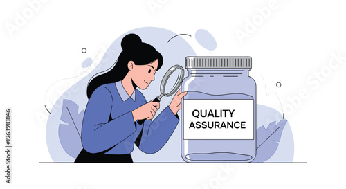 Quality assurance expert using a magnifying glass to inspect a glass jar labeled quality assurance for product safety.