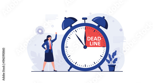 Professional woman standing next to a giant alarm clock with a red section marked deadline indicating urgent time management.