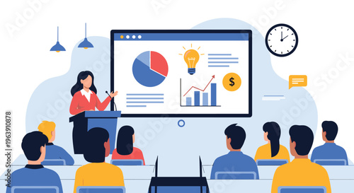 Female speaker standing at a podium giving a business presentation with charts and diagrams to a seated audience in a hall.