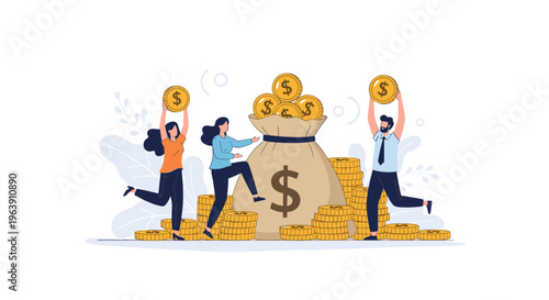 Three happy diverse employees celebrating financial success around a huge bag of money and multiple stacks of gold coins.