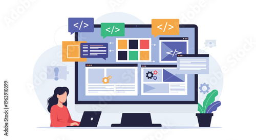 Female software developer working on a laptop with a giant monitor displaying multiple coding windows and web design layouts.