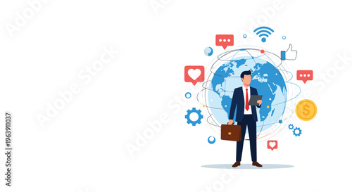 Professional businessman with a briefcase standing in front of a digital globe surrounded by social media and technology icons.