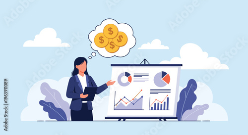 Professional woman giving a presentation on financial growth while thinking about money profit represented by gold coins in a bubble.