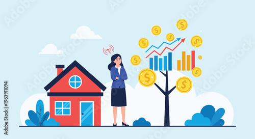 Confused woman standing between a residential house and a financial money tree pondering her next investment decision.