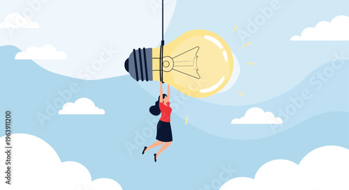 Creative businesswoman hangs onto a massive glowing lightbulb floating in the clouds to represent chasing big ideas and innovation.