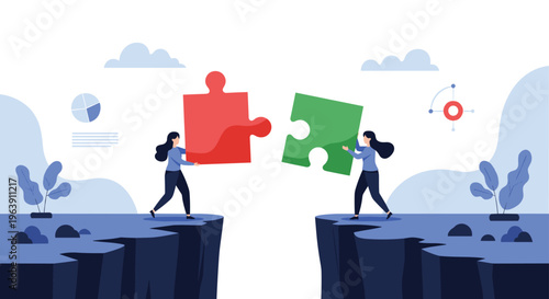 Professional women standing on separate cliff edges trying to connect large puzzle pieces representing teamwork and collaboration.