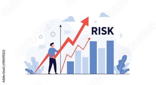 Businessman manages financial risk by supporting a sharp rising red arrow on a growth chart to symbolize economic strategy and analysis.