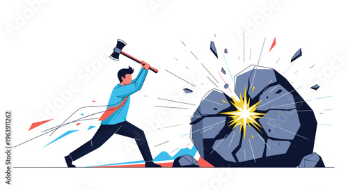 Determined man using a large sledgehammer to break a giant boulder to symbolize overcoming obstacles, strength, and hard work in business.