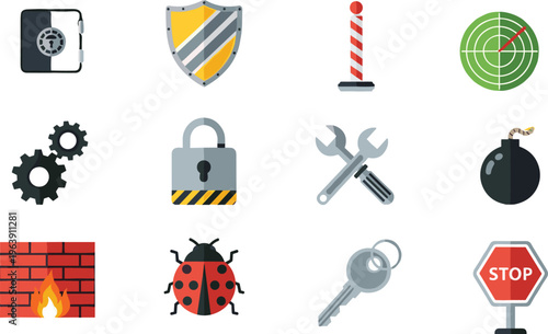 Stylized decorative cybersecurity and safety icon illustration featuring shield, padlock, gears, firewall, bug, bomb, tools, stop sign, creative digital artwork design.