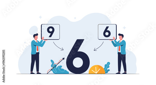 Two men holding different number signs look at the same object to represent different perspectives, point of view, and misunderstanding.