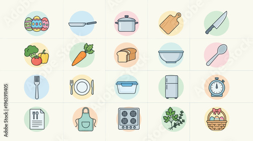 Viewing a set of twenty flat cooking icons in four rows on a pale yellow background, designed for digital recipe apps, showcasing kitchen utensils and food symbols in a clean, user‑friendly layout
