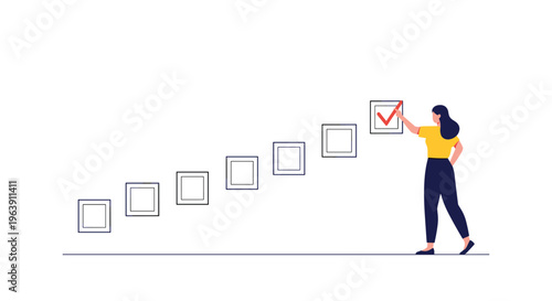 Businesswoman completing the final step on a rising staircase of checkboxes to symbolize achievement, goal setting, and progress.