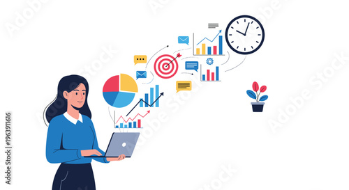 Data scientist working on a laptop with various business charts and a clock floating around her to symbolize time management and analysis.