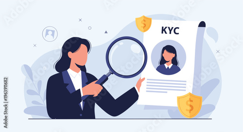 Compliance officer using a magnifying glass to inspect a kyc document for identity verification and financial security standards.