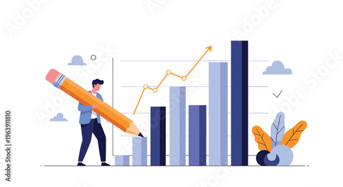 Ambitious man using a giant pencil to draw a rising line graph over bar charts to represent creating success and future trends.
