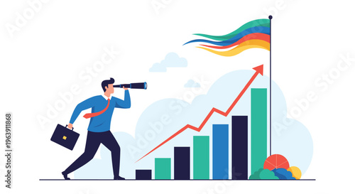 Business professional looking through a telescope at a success flag atop a rising bar chart symbolizing goal orientation and vision.