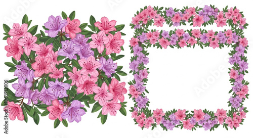Vibrant floral wreaths in pink, purple, and green hues on a white background for decorative use