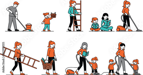 Stylized decorative household chores illustration featuring family cooperation, cleaning tasks, vacuuming, mopping, grocery baskets, reading books, creative domestic artwork design.