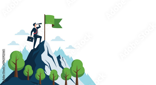 Successful leader standing on a snowy mountain peak looking through a telescope next to a green victory flag to represent reaching goals.