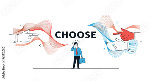 Confused businessman standing between conflicting directions to choose a path representing difficult career decisions and crossroads.