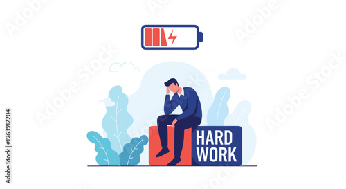 Exhausted man sitting on a block labeled hard work with a low battery icon above him to represent burnout and physical fatigue.