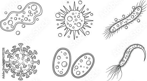 Stylized decorative microorganism icon illustration featuring bacteria, viruses, amoeba cells, flagella structures, spiky particles, scientific biology symbols, creative artwork design.