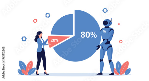 Woman and blue robot holding parts of a pie chart showing division of labor between humans and artificial intelligence.