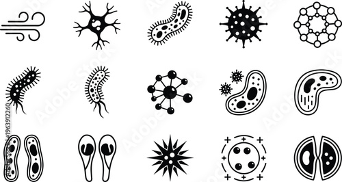 Stylized decorative microorganism icon illustration featuring bacteria, viruses, cells, molecules, neurons, microscopic structures, scientific biology symbols, creative medical artwork design.