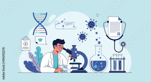 Male scientist looking through a microscope in a laboratory surrounded by medical research icons like DNA and viruses.