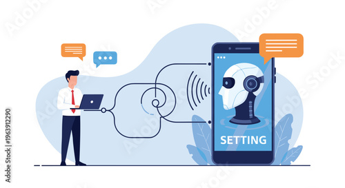 Businessman using a laptop to configure artificial intelligence settings on a large smartphone screen with voice waves.