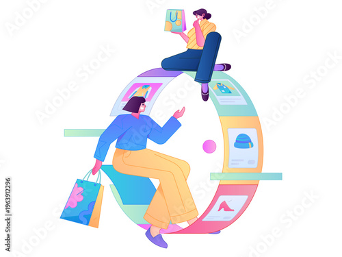 Holiday shopping people doing e-commerce online shopping flat vector concept operation hand drawn illustration
