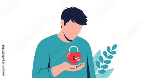Man holding a red heart-shaped lock with a key inside the keyhole representing emotional security or finding love.