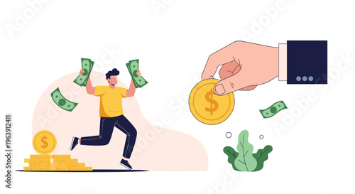 Successful man jumping for joy with banknotes in hands as a large corporate hand provides a big gold dollar coin.