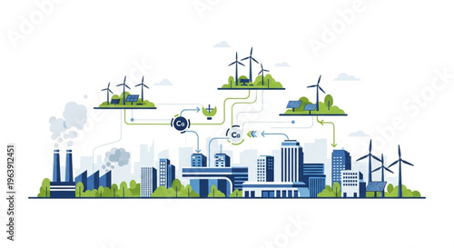 Infographic illustration of a sustainable cityscape with wind turbines and industrial buildings transitioning to renewable energy sources