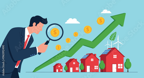 Businessman using a magnifying glass to inspect a rising real estate market graph with houses and solar panels.