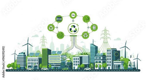 Eco-friendly cityscape with wind turbines and green icons on a white background conveying sustainability