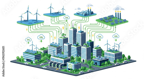 Isometric illustration of a sustainable cityscape with green buildings, renewable energy sources, and eco-friendly infrastructure on a white background